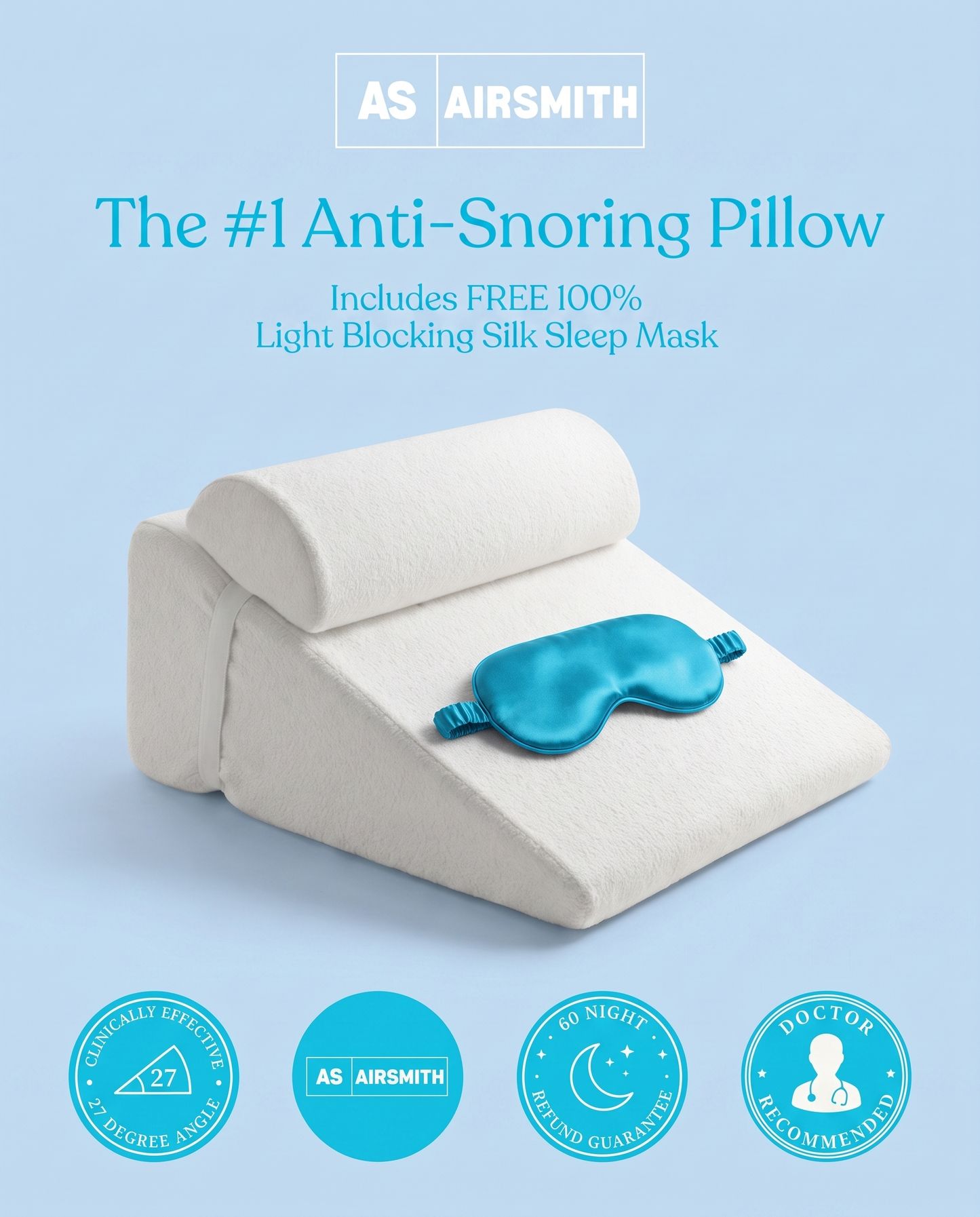 AirSmith Anti-Snoring Wedge Pillow - 50% OFF SALE + Free Silk Eye-Mask